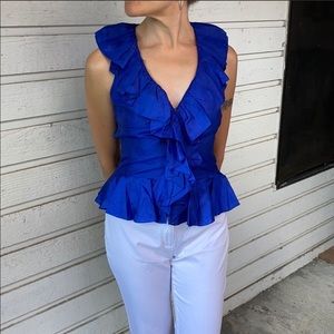 Ralph Lauren Black Label Blue Silk Ruffle Blouse